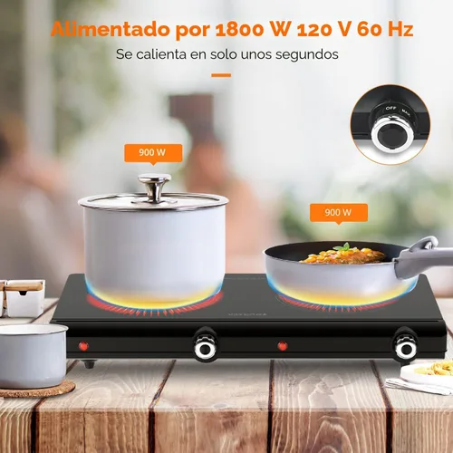 Miniatura 5 de Placa eléctrica infrarroja de doble quemador – Estufa portátil de 1800 W, calentamiento en segundos, encimera para dormitorio, compatible con todos