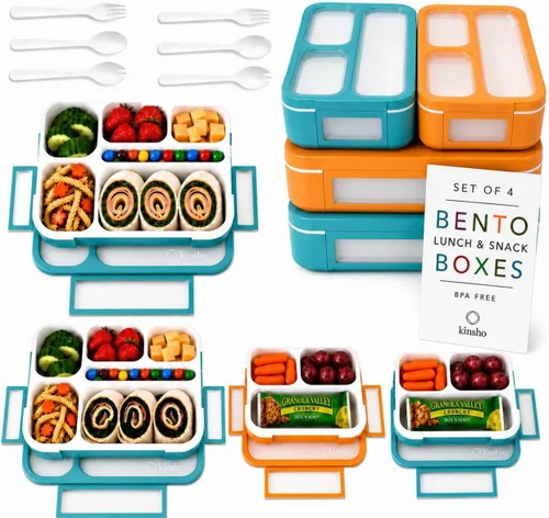 Miniatura 16 de Contenedor de lonchera Bento-Box para niños, niñas, mujeres, kit de 6 compartimentos para porciones escolares, cajas de comida o aperitivos para Rosa