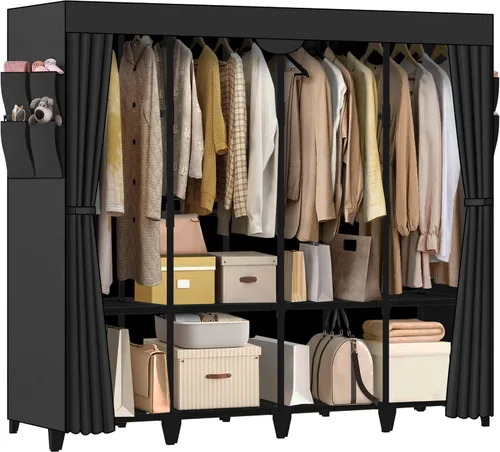 Miniatura 12 de Armario de Ropa, Montaje Rápido y Fácil, Clóset Portátil Negro con 2 Barras Colgantes, 4 Estantes de Almacenamiento y 8 Bolsillos Laterales, Estante