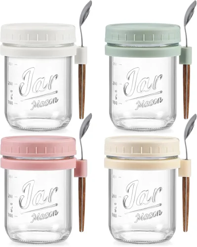 Miniatura 8 de LANDNEOO Paquete de 4 Recipientes para Avena Nocturna con Tapas y Cucharas, Frascos de Vidrio Mason de 16 oz con Tapas Herméticas, Frascos para Beige