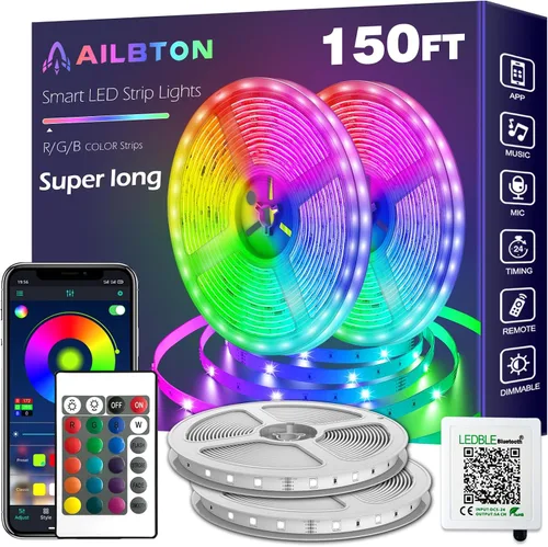 Tira de luces LED de 150 pies (2 rollos de luces LED de 75 pies), ultralarga, con control remoto de voz por aplicación, sincronización de música,