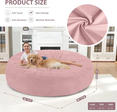 Miniatura 152 de Puf de 5 pies, puf grande con relleno de espuma viscoelástica, sofá puff esponjoso con funda de terciopelo holandés, puf redondo para sala de estar