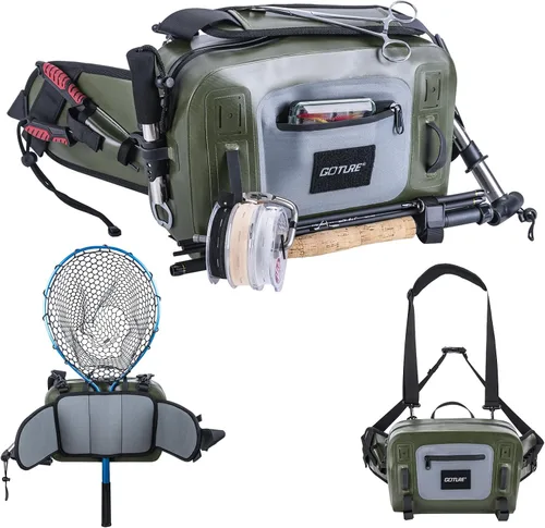Goture Riñonera de pesca impermeable, IPX8 840D TPU bolsa grande para aparejos con soporte para caña, cierre hermético de cremallera, bolsa de pesca