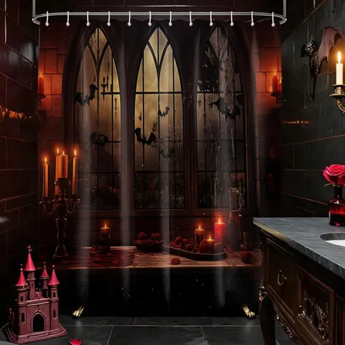 Miniatura 3 de Cortina de ducha de Halloween, diseño de mansión embrujada gótica espeluznante, juego de cortinas de baño de castillo de murciélago gótico Embrujado