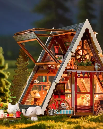 Miniatura 3 de Rolife Kit de casa en miniatura para bricolaje, cabina con marco en A, rompecabezas de madera 3D con tragaluz que se abre para adolescentes