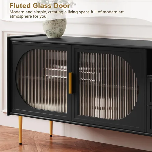 Miniatura 5 de ARTPOWER Soporte de TV moderno de 60" para televisores de 55/60/65 pulgadas, mesa de consola de TV con puertas de vidrio y cajones, centro
