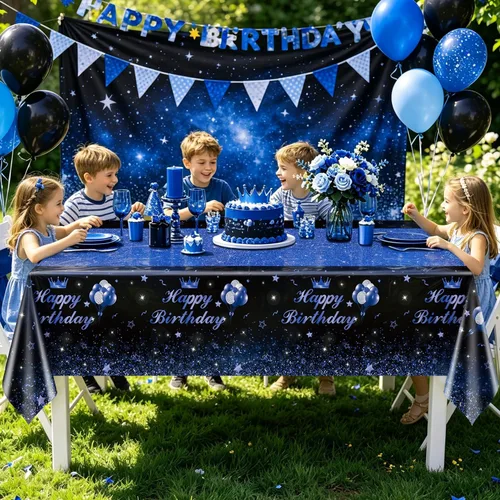 Miniatura 3 de 4 Pcs Happy Birthday Black and Blue Party Tablecloths - Blue Black Party Decorations Plastic Tablecloth Rectangular Table Covers for Boy Girl Baby