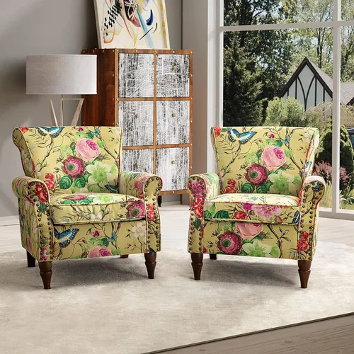 Miniatura 16 de HULALA HOME Silla moderna con respaldo de alas con patas de madera y cojín extraíble, cómodo sillón tapizado con ribete de cabeza de clavo, sofá