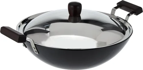Miniatura 8 de Futura freidora con anodizado duro (Kadhai) con tapa de acero y parte inferior plana, Negro