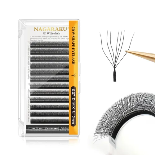 Miniatura 274 de NAGARAKU Extensiones de pestañas Double Tips 4D W, suministros con puntas dobles, gruesas con rizado D de 0.07 mm, bandeja mixta 8-15 mm, 0.07-D