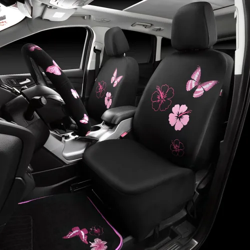 Miniatura 2 de CAR PASS Juego de fundas universales para asiento delantero de automóvil, diseño de flores bordadas, impermeables, fundas para volante, mariposa