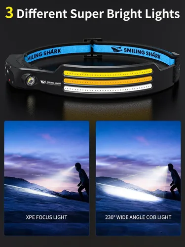 Miniatura 3 de Smiling Shark Linterna frontal LED, gran angular de 230°, 3 tiras de luz multicolor, la lámpara principal más brillante recargable con sensor
