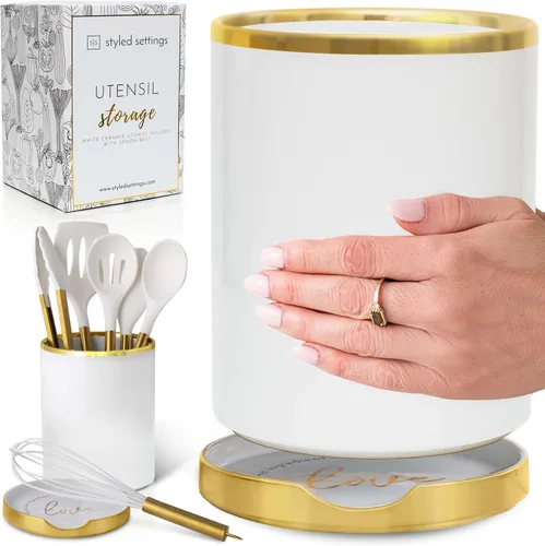 Miniatura 11 de STYLED SETTINGS Soporte para utensilios de cocina negro y dorado con soporte de cuchara integrado, 2 soportes grandes de cerámica para utensilios