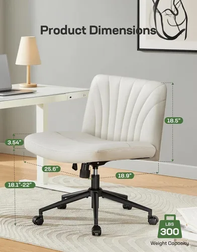 Miniatura 7 de Marsail Silla Criss Cross con Ruedas, Silla de Escritorio Ancha de Cuero PU sin Brazos, Giratoria y Ajustable en Altura, Silla de Oficina de Piernas