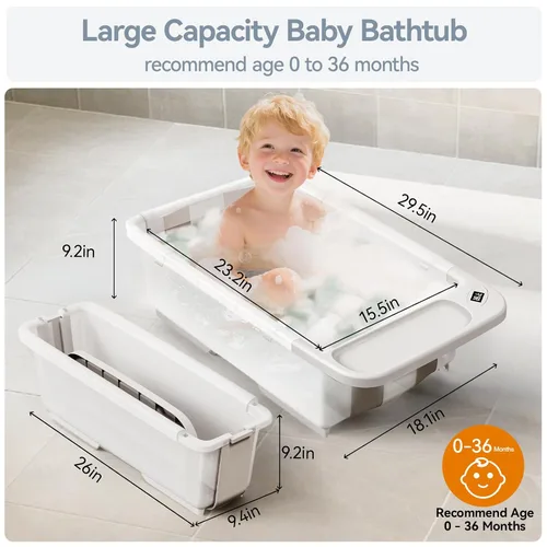 Miniatura 2 de Bañera de bebé plegable - Tina de baño de gran capacidad con termómetro y almohadilla suave Bañera portátil de viaje para recién nacidos e