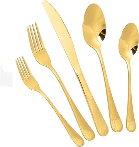 Miniatura 12 de Juego de cubiertos de acero inoxidable, juego de vajilla de 20 piezas, elegante cuchillo, tenedor, cuchara, cubiertos, servicio para 4 (dorado)
