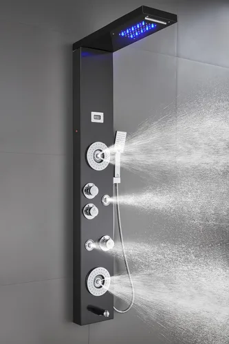 Miniatura 5 de Sistema de panel de ducha de acero inoxidable tipo torre de Ello&Allo, cabezal de LED, modo cascada o lluvia; sistema de hidromasaje con chorros