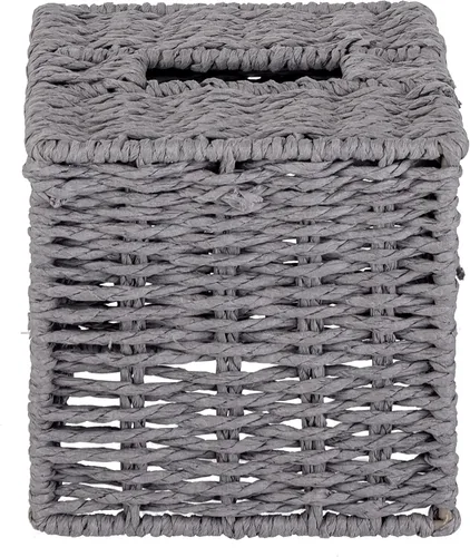 Miniatura 7 de MyGift Caja de pañuelos cuadrada gris con tapa – Soporte decorativo de ratán Kleenex, soporte de tejido para papel higiénico, baño, dormitorio, sala