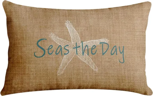 Emvency Funda de almohada de lino, estilo vintage, playa, estrella de mar, con aspecto de lona costera, decoración del hogar, rectangular, tamaño