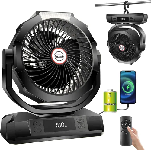 Sireck Ventilador de campamento alimentado por batería de 40000 mAh, ventilador personal portátil de 12 pulgadas con control remoto, linterna LED, 6