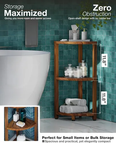 Miniatura 4 de BLUEWEST Soporte esquinero de ducha de 3 niveles, organizador de ducha de madera de pie con pies antideslizantes, estante de esquina de baño