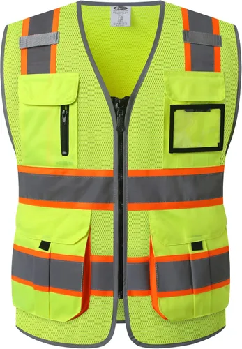 Miniatura 12 de JKSafety Chaleco de seguridad de malla de alta visibilidad con 9 bolsillos para hombres y mujeres, Chaleco reflectante de seguridad, cremallera