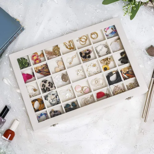 Miniatura 7 de Mebbay Organizador de bandeja de joyería de terciopelo de 35 rejillas con tapa transparente para cajón aretes collar pulsera anillo piedras