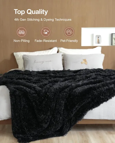 Miniatura 4 de Pawque Manta de piel sintética de 50 x 60 pulgadas, manta suave y esponjosa, cálida y gruesa, de pelo largo, reversible, ligera, acogedora para Negro
