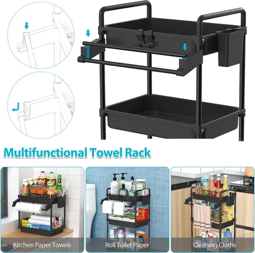 Miniatura 2 de SPACEKEEPER Carrito de almacenamiento rodante, carrito utilitario de 3 niveles, organización de cuarto de servicio, estantería móvil, organizador