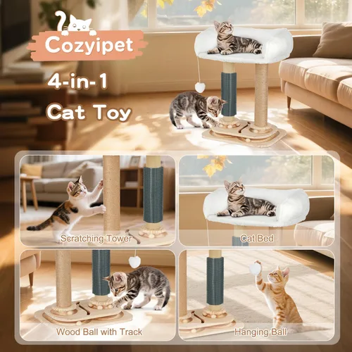Miniatura 2 de Poste rascador con cama para gatitos pequeños de interior, árbol para gatos 4 en 1 con auto peluquería, bolas de pista, torre de sisal natural