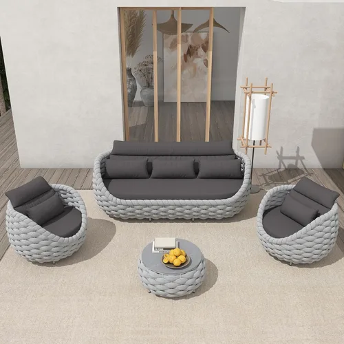Miniatura 59 de TWT 3-Piece Woven Rope Patio Furniture Set, 2 Outdoor Armchairs with Soft Cushions + Round Aluminum Coffee Table, All-Weather Conversation Set for