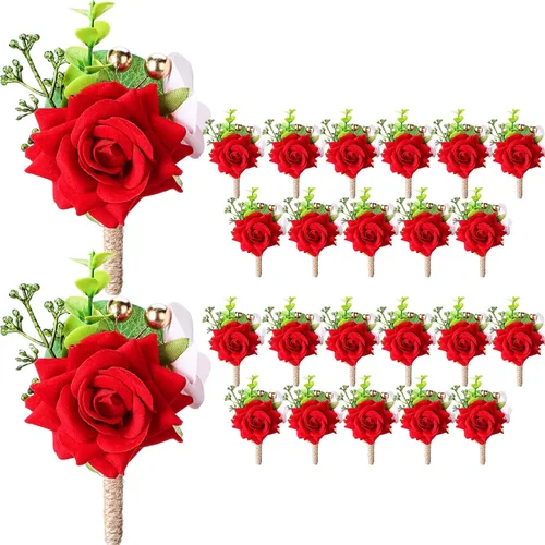 Miniatura 8 de Sherr Juego de 24 boutonniere burdeos para hombre, diseño de rosa para boda, bolsillo con alfileres, para novio, padrinos de boda, ramillete, traje