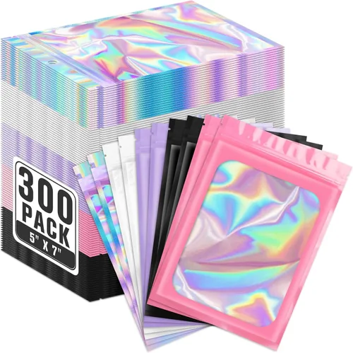 Miniatura 36 de ANZNKU Paquete de 300 bolsas multicolor para bolígrafos, bolsas holográficas de Mylar con ventana transparente, bolsas de embalaje a prueba