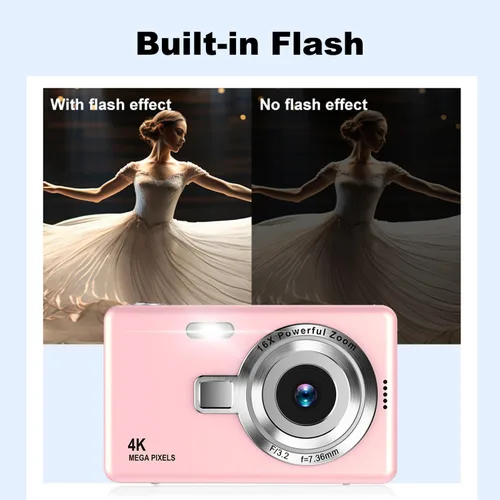 Miniatura 4 de Cámara digital, enfoque automático UHD 4K 50MP cámara de vlogging para fotografía con tarjeta SD de 32 GB, zoom 16X, antivibración, cámaras Rosa