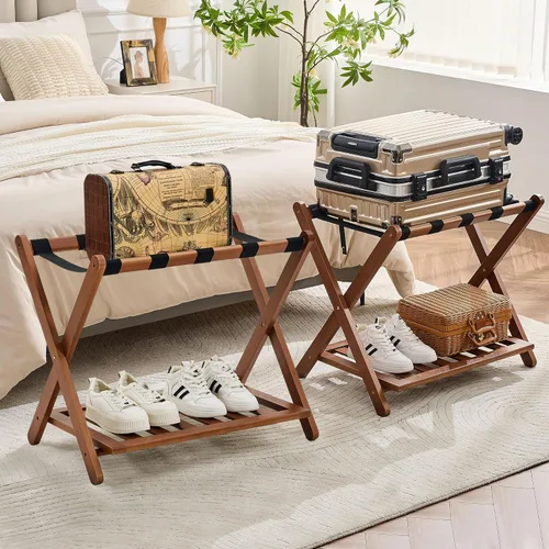 Miniatura 16 de oakvivo Portaequipajes negro totalmente montado para habitación de invitados, soporte plegable de bambú para maleta con 5 correas de nailon, soporte