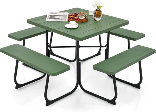 Giantex Juego de mesa de picnic para 8 personas, mesa y banco al aire libre con agujero para paraguas, parte superior de polietileno de alta Verde