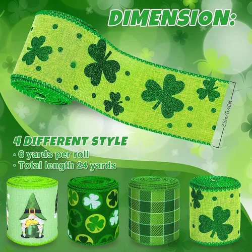 Miniatura 2 de Whaline Cinta de borde con alambre del día de San Patricio, trébol verde, gnomo, tela a cuadros, para envolver manualidades irlandesas