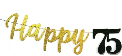 Miniatura 5 de Cartel de feliz cumpleaños 75 con purpurina, cartel de feliz cumpleaños 75 negro y dorado, suministros de decoración de fiesta de cumpleaños 75