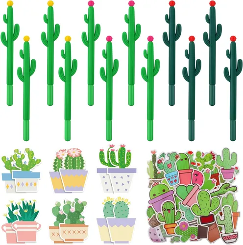 Tinlade 74 bolígrafos de regalo para estudiantes de fin de año, bolígrafos con forma de cactus con notas adhesivas y calcomanías, lindos cactus de