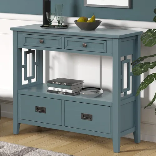 Miniatura 9 de Mesa consola de madera maciza de 48 pulgadas con 2 cajones y 2 armarios de almacenamiento con 1 estante inferior, armario de bufé, mesa de sofá