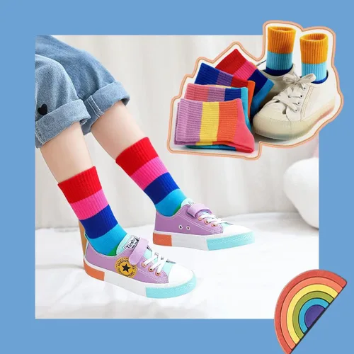 Miniatura 6 de Calcetines de algodón sin costuras para niñas, calcetines casuales para la escuela, con rayas arco iris, paquete de 5