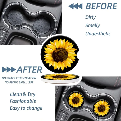 Miniatura 3 de Portavasos para automóvil, elegantes posavasos de cerámica con estampado de girasol, inserto antideslizante con agarre para la punta del dedo