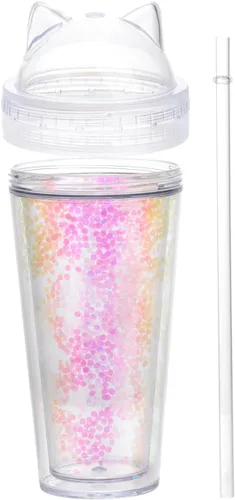 Miniatura 3 de UPKOCH Vaso de agua de doble pared con forma de oreja de gato, vaso de paja de plástico con lentejuelas, elegante botella de bebida reutilizable
