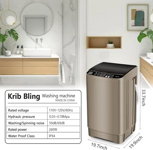 Miniatura 3 de KRIB BLING Lavadora completamente automática con pantalla LED, bomba de drenaje portátil de 17.7 libras, 10 programas y 8 niveles de agua Dorado