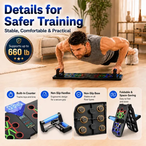 Miniatura 5 de Push Up Board with Smart Counter, Foldable Home Workout Equipment for Men, Portable Pushup Board with Non-Slip Handles for Chest, Shoulders, Back &