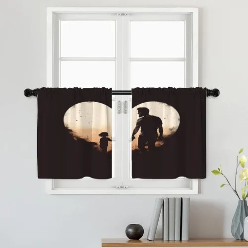 Batmerry Silueta de hombre y niño, marco en forma de corazón con figuras, tratamiento de ventana, cortina corta de cocina multicapa de poliéster