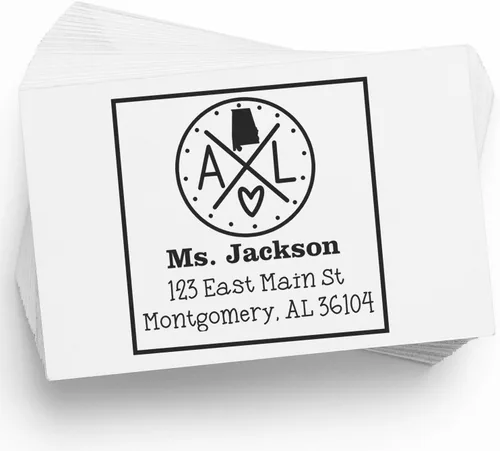 Sello entintado moderno con nombre y dirección del estado de Alabama – Sello de dirección de devolución personalizado para invitaciones de despedida