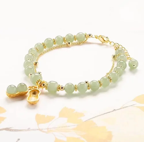 Miniatura 2 de SJDOFU Pulsera de cuentas de jade Hetian Jade Peanut Colgante Pulsera elástica para mujer (verde claro), Esmeralda, Jade