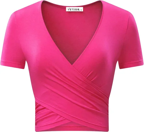Vetior - Blusa de manga corta con escote profundo en V para mujer, camiseta ajustada tipo ombliguera con diseño cruzado en la parte delantera