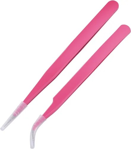 Miniatura 2 de Hotop 2 Piezas Pinzas de punta recta y curva para extensiones de pestañas, Herramientas de aplicación de pestañas postizas de acero inoxidable rosa.